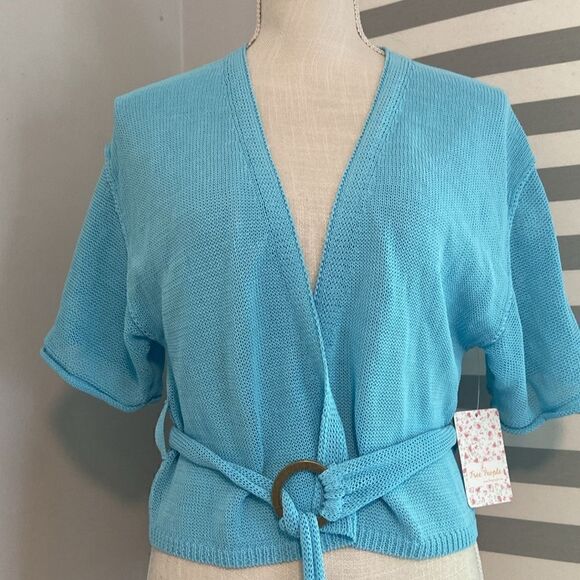 Free People Oh Hello Blue Clear Day Lightweight Belted Knit Cardigan Size Sm NEW - Picture 2 of 8